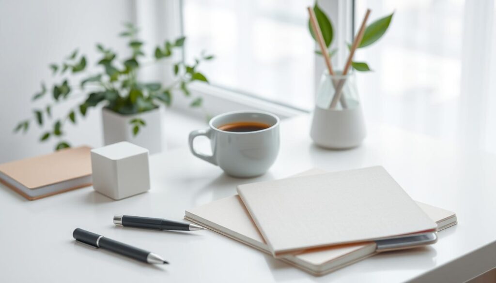A beautifully arranged minimalist stationery scene, featuring a white, clean desk. In the foreground, neatly placed items include a sleek black pen, a simple notebook with a soft, textured cover in muted pastel colors, and a small, geometric pencil holder. The middle ground showcases a resting cup of warm coffee, subtly suggestive of a calm workspace. In the background, soft-focus green plants bring a touch of nature and tranquility to the setting, while a large window allows natural light to pour in. Capture this scene from a slightly elevated angle, emphasizing the openness and simplicity of the layout. The mood is serene and organized, echoing the essence of minimalist stationery that fosters focus and clarity.