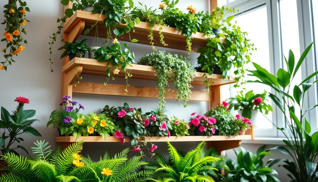 A beautifully arranged vertical garden featuring lush green plants and vibrant flowers mounted on a tiered wooden shelving unit. In the foreground, show several varieties of indoor plants, such as ferns and succulents, cascading down in a harmonious blend of colors. The middle layer should highlight the shelving, with natural wood grain and geometric designs, allowing the plants to flourish. In the background, softly diffused natural light filters through a bright window, casting gentle shadows and enhancing the greenery's vividness. The scene conveys a serene, fresh atmosphere, perfect for a workspace. Ensure the image is free of any text or logos, emphasizing the beauty of the tiered setup in an organized, stylish manner.