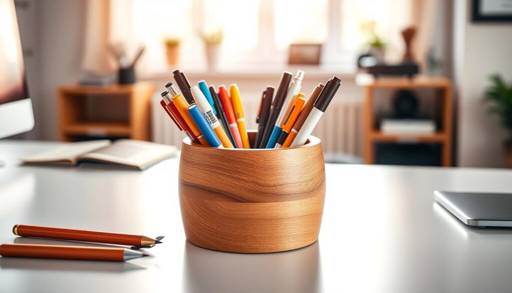 A beautifully crafted wooden pen holder, elegantly designed in a circular shape, sits prominently on a sleek desk, showcasing an array of colorful pens and essential tools for easy accessibility. The background features soft-focus office elements, such as a turntable for organizing additional tools, and a well-lit window allowing natural sunlight to stream in. The lighting creates a warm, inviting atmosphere, enhancing the rich tones of the wood and vibrant colors of the stationery. Captured at a slight top-down angle, the composition emphasizes the practicality and aesthetic appeal of the pen holder in a professional workspace, evoking a sense of inspiration and organization.