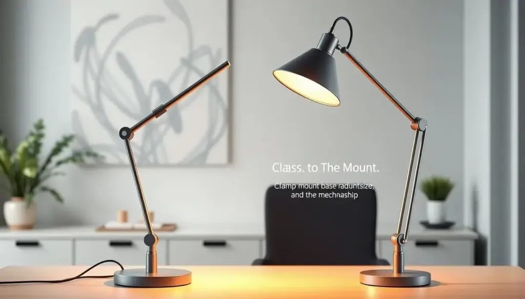 A beautifully designed classic desk lamp with elegant geometric shapes, such as a conical shade and a sturdy, adjustable arm, positioned prominently in the foreground. The lamp's light casts a warm, inviting glow, illuminating the surrounding workspace. In the middle ground, a sleek, modern desk showcases mount options—clamp mount, base mount, and their mechanisms—demonstrating their interaction with the lamp. The background features an abstract depiction of a minimalistic office environment, creating a sense of depth and context. Soft, diffused lighting enhances the atmosphere, highlighting the interplay of light and shadow. A focus on smooth lines and harmonious design elements evokes a professional yet cozy mood, perfect for illustrating mount performance. The angle should be slightly overhead, capturing the elegance of the lamp and its mounting options.