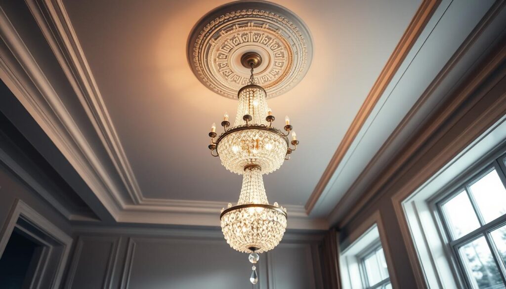 A beautifully designed room showcasing a classic ceiling adorned with an exquisite chandelier made of crystal, casting a warm glow. In the foreground, feature a stylish mid-century modern light fixture that harmonizes with the ceiling design. The middle of the image captures the ceiling's intricate molding, highlighting the elegant balance between architectural detail and lighting. The background reveals subtle shadows enhancing the depth of the space, giving a cozy and inviting atmosphere. Natural light filters through large windows, gently illuminating the scene. The mood conveys sophistication and comfort, perfect for a thoughtfully curated living space that emphasizes personality without clutter. Use a soft-focus lens effect to create a dreamlike essence, inviting viewers to imagine the tranquil ambiance.