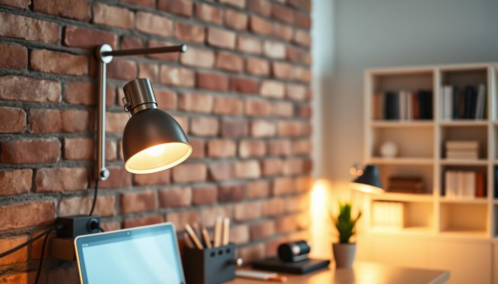 A beautifully designed swing arm wall light, elegantly mounted on a textured brick wall, casting a warm, focused glow over a modern workspace. In the foreground, the swing arm is fully extended, showcasing its sleek metallic finish and adjustable mechanism. The middle ground features a stylish desk with organization tools and a potted plant, illuminated by the light's beam, highlighting the interplay of shadows and light. In the background, soft-focus bookshelves with neatly arranged books add depth to the scene. The lighting is warm and inviting, accentuating the minimalist aesthetic. Capture the atmosphere of a well-organized and creatively inspiring environment, ideal for targeted task lighting. Use a shallow depth of field for a professional look, ensuring the swing arm light is the focal point of the image.
