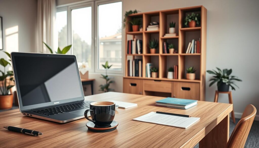 A beautifully designed writing desk combined with a functional bookshelf, set in a well-lit modern home office. In the foreground, the desk features a smooth wooden surface with neatly arranged stationery, a stylish laptop, and a steaming cup of coffee. The middle section showcases an elegant bookshelf built into the desk, holding various books, potted plants, and decorative items to enhance functionality and aesthetics. The background includes a large window letting in natural light, casting soft shadows and creating a warm atmosphere. The scene is framed at a slight angle to capture the depth of the arrangement, evoking a sense of productivity and cozy professionalism.