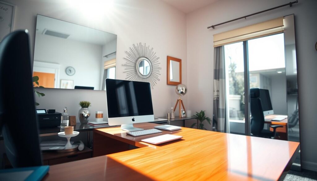 A beautifully lit small office space, dominated by light and reflections. In the foreground, a polished wooden desk with a sleek computer, surrounded by glass and metallic decorative elements that enhance brightness. In the middle ground, strategically placed reflective surfaces—mirrors and shiny wall art—amplifying the natural light from a large window. The background features soft, neutral-colored walls that contribute to a calm and productive atmosphere. The sunlight streams in at an angle, creating gentle highlights and shadows. The overall mood is vibrant yet serene, portraying an efficient workspace. The lens captures the scene with a subtle depth of field, emphasizing clarity and focus on the reflective surfaces without any distractions. No people are present in the image.