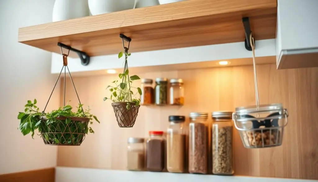 A beautifully organized kitchen showcasing effective under-shelf storage solutions. In the foreground, hanging baskets filled with fresh herbs and small kitchen tools are neatly suspended from sturdy hooks beneath a wooden shelf. The middle section features elegantly arranged, clear glass jars storing various spices and pantry staples, adding a touch of transparency and order. In the background, soft, warm lighting envelops the space, highlighting the rich wood tones and clean countertops. The angle is a slightly elevated view that captures both the functionality and aesthetics of this storage method, creating a serene and inviting atmosphere. This image vividly illustrates how under-shelf storage promotes efficiency and style in kitchens, pantries, and bathrooms.