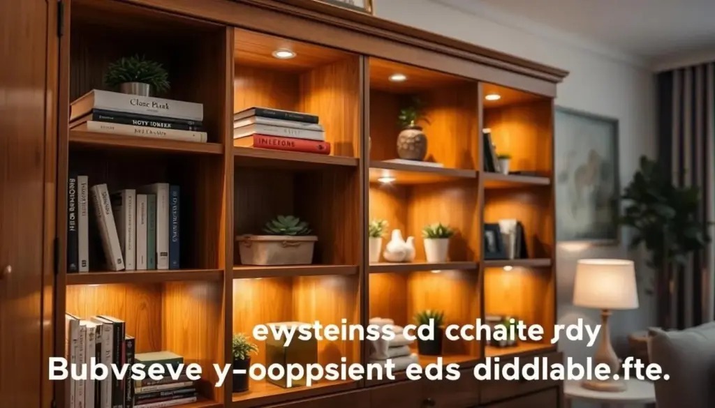 A beautifully organized wooden cabinet with several open shelves, each showcasing neatly arranged items such as books, decorative boxes, and small plants. On the inside of the shelves, soft white battery-operated puck lights illuminate the contents, creating a warm and inviting glow. The scene is captured from a slightly elevated angle, emphasizing the cabinet's depth and the light’s subtle reflections. The background features a softly blurred, cozy room setting with minimal decor, ensuring the focus remains on the illuminated cabinet. The warm light casts gentle shadows, enhancing the textures of the wood. The atmosphere feels relaxing and functional, celebrating accessibility to dark spaces while highlighting the usefulness of battery-operated lighting solutions.