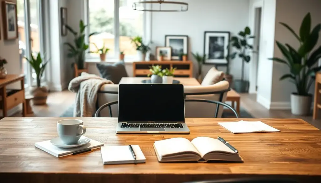 A beautifully set dining table in a cozy, modern interior, with a blend of rustic wood and sleek metal elements. In the foreground, a neatly arranged table features a laptop, notebooks, and a stylish coffee cup, suggesting a functional workspace. The middle ground presents comfortable dining chairs, complementing the table design, with soft textures like a plush throw draped behind. The background showcases a warm, inviting living space with potted plants and framed artwork, allowing natural light to pour in through large windows, creating a tranquil atmosphere. Use soft, diffused lighting to enhance a productive yet relaxed mood, shot from a slightly elevated angle to capture the entire scene harmoniously.