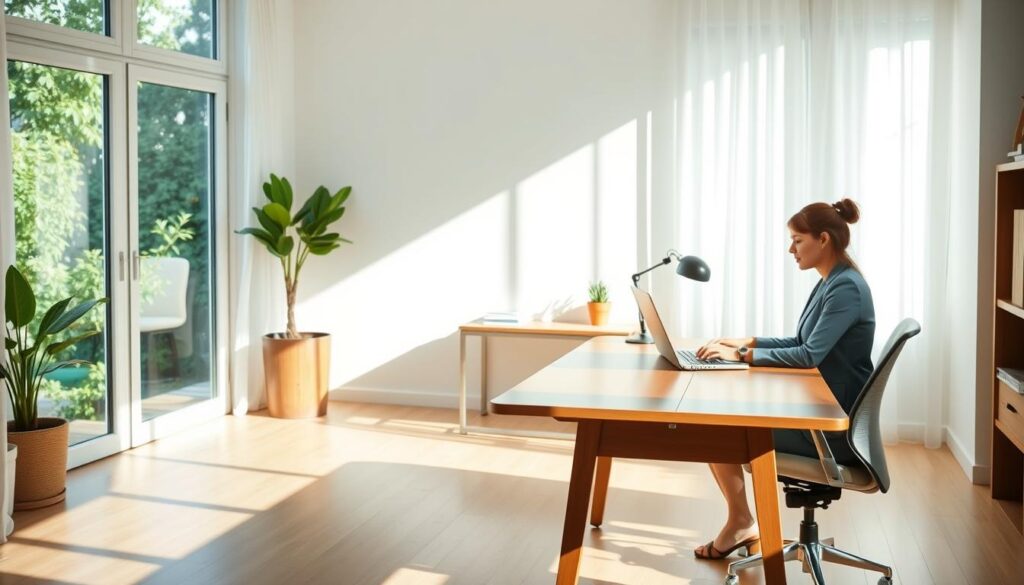 A bright and inviting home office bathed in natural daylight. In the foreground, a sleek wooden desk is positioned near a large window, showcasing a view of greenery outside. A professional person in casual business attire sits at the desk, working on a laptop, with soft shadows cast across the room. In the middle, a comfortable ergonomic chair complements the desk, while a few personal items like a small plant and a coffee mug add a touch of warmth. The background features bright, airy walls and light streaming through sheer curtains, creating a peaceful and focused atmosphere. Use natural lighting to highlight the room's openness and serenity, captured from a slightly elevated angle to emphasize the spacious layout and connection with the outdoors.