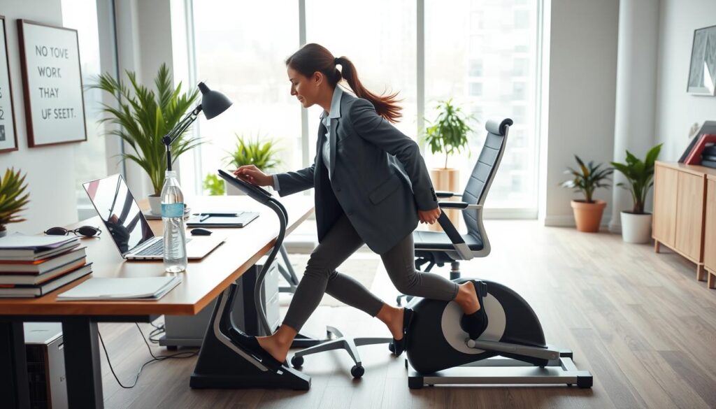 A bright, modern office space showcasing an individual performing under-desk exercises to promote movement while working. In the foreground, a focused female office worker, dressed in smart, professional attire, is using an under-desk elliptical machine, her legs engaged in motion. The middle ground features a sleek wooden desk cluttered with a laptop, notepad, and a water bottle, while a comfortable ergonomic chair is pushed slightly back to emphasize the exercise. The background shows a well-organized, light-filled office with large windows, plants, and motivational artwork to create a productive atmosphere. Soft, natural lighting floods the scene, enhancing the positive and energetic mood, captured from a slightly elevated angle to highlight both the desk setup and the movement.