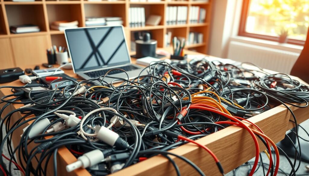 A chaotic jumble of cables sprawled across a modern office desk, showcasing various types and colors of cords, including power strips, charging cables, and data cables. In the foreground, the cables are tangled and overflowing from a neatly organized drawer, illustrating a common clutter hotspot. The middle ground features a laptop and scattered office supplies, highlighting the disorganized environment. Background elements include a softly blurred bookshelf, partially visible through a warm and inviting office space with natural light streaming in through a window. The atmosphere conveys a sense of overwhelmed creativity, emphasizing the need for organization and solutions to reduce visual clutter. Shot from a high angle to capture the extensive spread of cables while maintaining professional decorum.