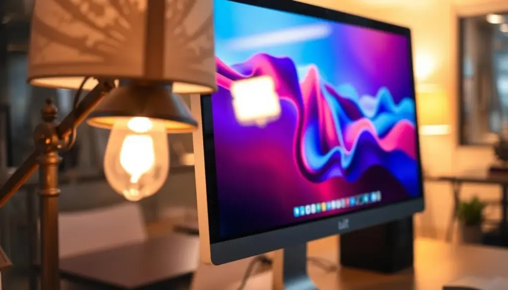 A close-up view of a computer monitor displaying a vibrant desktop backdrop, showcasing a significant screen glare effect caused by indirect lighting. In the foreground, an elegant lamp with a decorative shade is positioned to the side, casting reflected light onto the monitor's surface, illustrating the relationship between lighting design and screen glare. The middle ground features subtle reflections showing parts of the workspace, like a sleek desk and minimalistic workspace items, while the background fades into a softly blurred ambiance of an office setting with warm, inviting colors. The lighting is warm and soft, highlighting the glare's impact on visibility. The overall mood is professional and informative, capturing the essence of lighting's effect on screen usage without distractions.