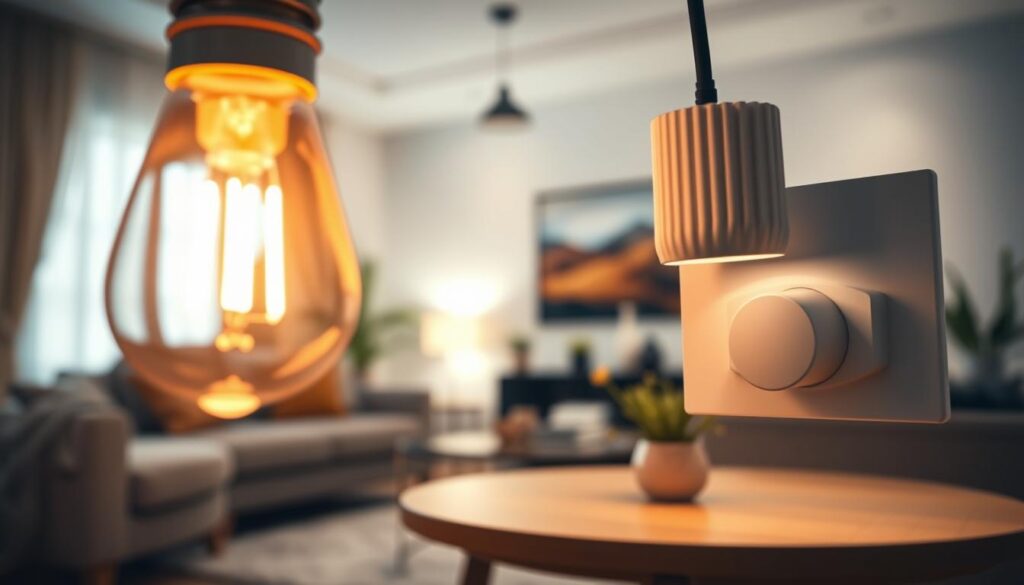 A close-up view of a dimming LED light bulb being adjusted, showcasing the transition from bright to soft lighting. In the foreground, focus on the bulb with a warm glow, displaying the intricate details of its filament and casing. In the middle ground, a sleek dimmer switch is partially visible, highlighting the smooth, modern design. The background features a contemporary room setting with tastefully arranged furniture, illuminated softly to evoke a cozy atmosphere. Use soft, diffuse lighting to create a warm, inviting mood, with a shallow depth of field to draw attention to the bulb and switch while blurring the rest of the room. Capture the feeling of flexibility and functionality in lighting design, emphasizing the technological aspect of variable brightness.