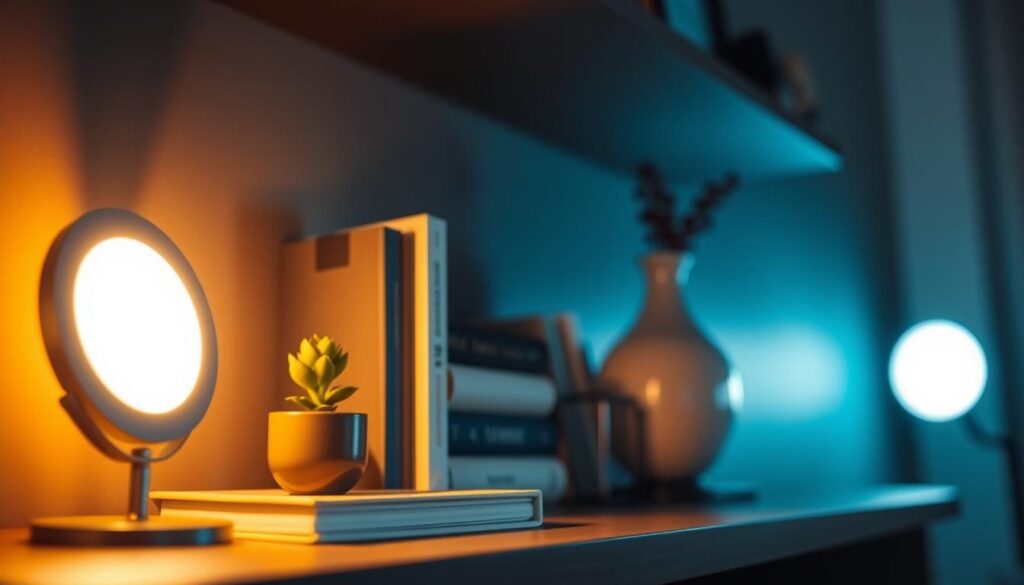 A close-up view of a modern, battery-operated puck light illuminating a dark shelf space, showcasing its brightness and lumens effect. In the foreground, the sleek puck light is centered, emitting a warm, vibrant glow that highlights various items on the shelf, such as books and decorative pieces. The middle ground consists of neatly arranged books, a small potted plant, and an elegant vase, all casting subtle shadows that enhance the lighting effect. In the background, a softly blurred room setting provides a cozy ambiance with muted colors. The lighting is bright but soft, creating an inviting atmosphere that emphasizes functionality and style in wireless lighting solutions. The scene should evoke a sense of warmth, practicality, and modernity. A close-up view of a modern, battery-operated puck light illuminating a dark shelf space, showcasing its brightness and lumens effect. In the foreground, the sleek puck light is centered, emitting a warm, vibrant glow that highlights various items on the shelf, such as books and decorative pieces. The middle ground consists of neatly arranged books, a small potted plant, and an elegant vase, all casting subtle shadows that enhance the lighting effect. In the background, a softly blurred room setting provides a cozy ambiance with muted colors. The lighting is bright but soft, creating an inviting atmosphere that emphasizes functionality and style in wireless lighting solutions. The scene should evoke a sense of warmth, practicality, and modernity.
