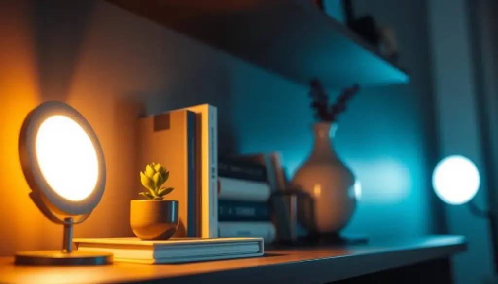 A close-up view of a modern, battery-operated puck light illuminating a dark shelf space, showcasing its brightness and lumens effect. In the foreground, the sleek puck light is centered, emitting a warm, vibrant glow that highlights various items on the shelf, such as books and decorative pieces. The middle ground consists of neatly arranged books, a small potted plant, and an elegant vase, all casting subtle shadows that enhance the lighting effect. In the background, a softly blurred room setting provides a cozy ambiance with muted colors. The lighting is bright but soft, creating an inviting atmosphere that emphasizes functionality and style in wireless lighting solutions. The scene should evoke a sense of warmth, practicality, and modernity.