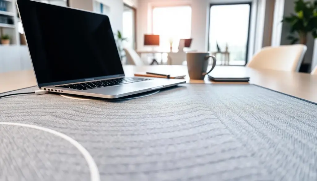 A close-up view of a stylish and modern desk mat, featuring a sleek design that delineates different activity zones for productivity. The foreground highlights a textured surface with clear line patterns in calming colors like soft blue, gray, and white. In the middle ground, various office supplies such as a laptop, a notepad, and a coffee cup are neatly arranged, exemplifying an organized workspace. The background contains a softly blurred office environment with natural light filtering through a nearby window, creating a warm and inviting ambiance. The mood is focused and professional, emphasizing functionality while promoting a minimalist aesthetic. The composition is sharp and balanced, captured with a wide-angle lens to encompass the complete workspace effect without any text or distractions.