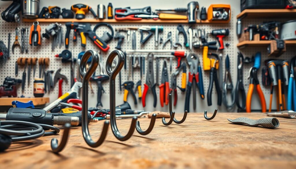 A close-up view of heavy-duty magnetic hooks designed for tools and gear, prominently displayed against a workshop backdrop. The hooks should be depicted in various sizes with a sleek, industrial finish, showcasing their ability to hold heavy tools like hammers, pliers, and cords. In the foreground, the hooks are vividly detailed, casting shadows that emphasize their robust construction. The middle ground features a textured workbench cluttered with various tech gadgets and metal tools hanging on the magnetic hooks. The background displays shelves filled with organized tools in an attractive, well-lit workshop environment. The lighting is bright and even, enhancing the rich colors of the tools and hooks, creating a clean and professional atmosphere. The composition should convey efficiency and utility, appealing to a DIY audience. A close-up view of heavy-duty magnetic hooks designed for tools and gear, prominently displayed against a workshop backdrop. The hooks should be depicted in various sizes with a sleek, industrial finish, showcasing their ability to hold heavy tools like hammers, pliers, and cords. In the foreground, the hooks are vividly detailed, casting shadows that emphasize their robust construction. The middle ground features a textured workbench cluttered with various tech gadgets and metal tools hanging on the magnetic hooks. The background displays shelves filled with organized tools in an attractive, well-lit workshop environment. The lighting is bright and even, enhancing the rich colors of the tools and hooks, creating a clean and professional atmosphere. The composition should convey efficiency and utility, appealing to a DIY audience.