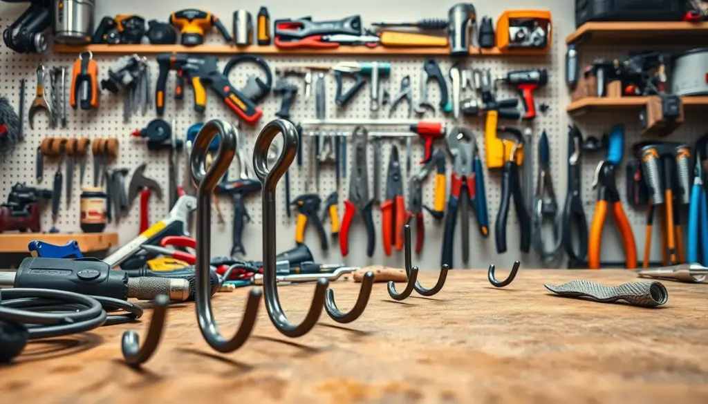 A close-up view of heavy-duty magnetic hooks designed for tools and gear, prominently displayed against a workshop backdrop. The hooks should be depicted in various sizes with a sleek, industrial finish, showcasing their ability to hold heavy tools like hammers, pliers, and cords. In the foreground, the hooks are vividly detailed, casting shadows that emphasize their robust construction. The middle ground features a textured workbench cluttered with various tech gadgets and metal tools hanging on the magnetic hooks. The background displays shelves filled with organized tools in an attractive, well-lit workshop environment. The lighting is bright and even, enhancing the rich colors of the tools and hooks, creating a clean and professional atmosphere. The composition should convey efficiency and utility, appealing to a DIY audience.
