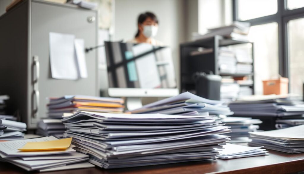A cluttered but organized desk in a modern office environment, featuring various stacks of paper, file folders, and a sleek filing cabinet. In the foreground, a neatly labeled folder peeks out from a organized pile, while scattered sticky notes add a splash of color. In the middle ground, a computer screen reflecting digital documents hints at a busy digital workspace. In the background, a soft-focus view of a shelf filled with additional files and magazines creates depth. Bright, natural light filters through a nearby window, casting soft shadows, and the overall atmosphere conveys a blend of urgency and calm, capturing the contrast between physical paper accumulation and a digital environment.
