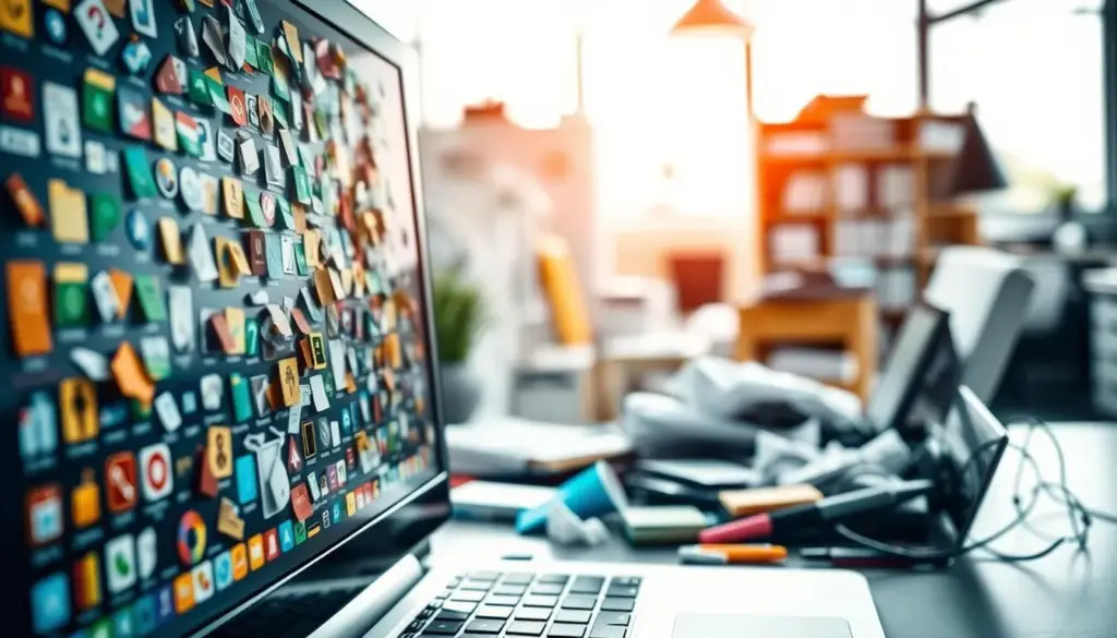 A cluttered computer desktop filled with a chaotic arrangement of colorful icons and folders, representing the overwhelming clutter of a digital workspace. The foreground features a close-up view of the screen, displaying various software application icons, files, and shortcuts scattered haphazardly. In the middle ground, a laptop is partially visible with a cluttered workspace, including crumpled papers, pens, and sticky notes, indicating a stressed user experience. In the background, a modern office setting is softly blurred, with natural light streaming in through a window, casting gentle shadows. The mood conveys a sense of anxiety and disorder, illustrating the connection between digital clutter and physical workspace stress. The image is composed with a slight downward angle to emphasize the overwhelming nature of the desktop clutter.