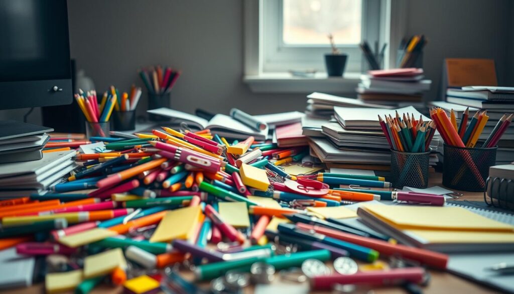 A cluttered desk showcasing an overwhelming array of stationery items, including colorful pens, highlighters, sticky notes, notebooks, and paperclips. The foreground features a chaotic arrangement of supplies spilling out of an open drawer, with some items even scattered on the desktop. The middle ground captures a messy workspace, highlighting the disorganization that leads to distraction. In the background, a muted wall serves as a subtle reminder of the need for focus and minimalism. Soft, diffused natural light illuminates the scene from a nearby window, creating a calm yet cluttered atmosphere. The image aims to evoke a sense of overwhelm, illustrating the detrimental effect of having too many supplies on focus and productivity.