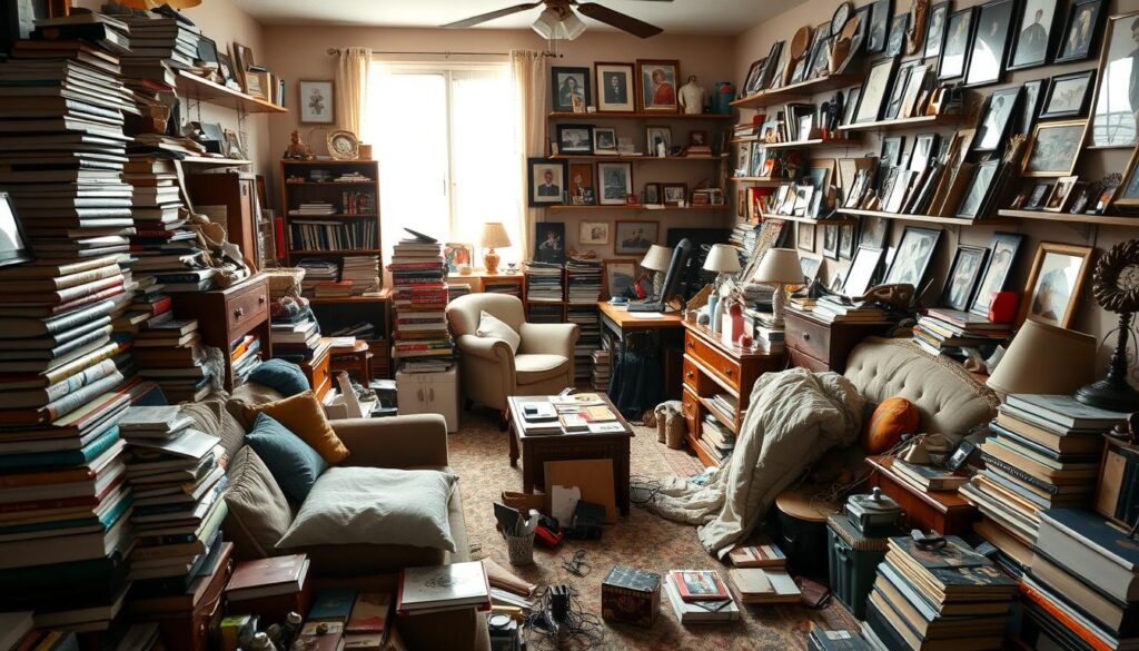 A cluttered small room filled with excess furniture, knick-knacks, and disorganized items creating a sense of visual chaos. Foreground features a stack of books and mismatched cushions scattered on a small sofa, with cluttered side tables overflowing with various items. In the middle, a cramped space showcases a chaotic blend of furniture styles, including a bulky armchair and a small, cluttered desk. The background reveals a wall covered in framed photos and shelves stuffed with trinkets, enhancing the feeling of disarray. Soft, diffused natural light filters through a window, casting gentle shadows, creating a warm yet overwhelming atmosphere. The image should evoke a sense of stress and confinement, exemplifying the challenges of visual clutter in small spaces. A cluttered small room filled with excess furniture, knick-knacks, and disorganized items creating a sense of visual chaos. Foreground features a stack of books and mismatched cushions scattered on a small sofa, with cluttered side tables overflowing with various items. In the middle, a cramped space showcases a chaotic blend of furniture styles, including a bulky armchair and a small, cluttered desk. The background reveals a wall covered in framed photos and shelves stuffed with trinkets, enhancing the feeling of disarray. Soft, diffused natural light filters through a window, casting gentle shadows, creating a warm yet overwhelming atmosphere. The image should evoke a sense of stress and confinement, exemplifying the challenges of visual clutter in small spaces.