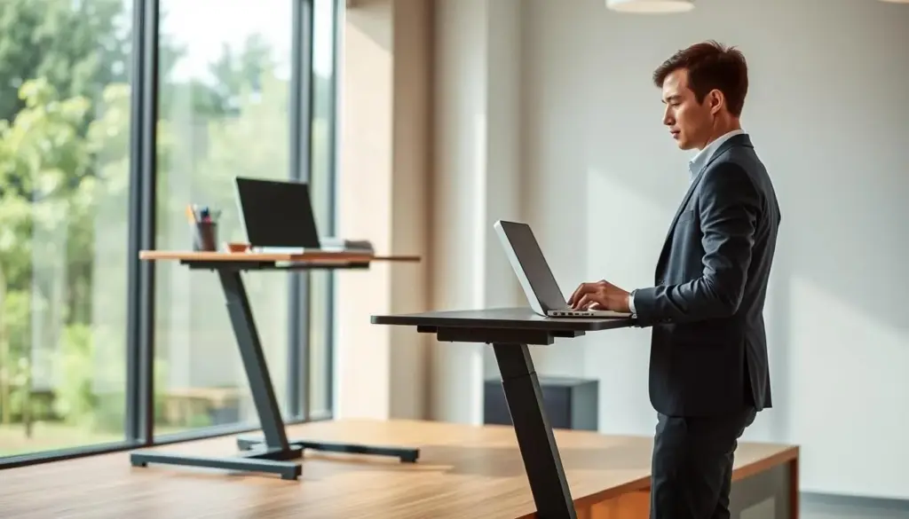 A contemporary office scene showcasing a modern desk converter in action. In the foreground, a professional individual dressed in smart casual attire is demonstrating the transition between sitting and standing while using the desk converter. The person is positioned slightly to the right, actively engaged with a laptop, illustrating the versatility of the workspace. In the middle ground, a sleek, ergonomic desk converter with a minimalist design stands prominently, with a few office supplies neatly arranged. The background features large windows allowing natural light to flood the space, with greenery visible outside for a refreshing vibe. The overall atmosphere conveys a sense of productivity and well-being, emphasizing the importance of movement in work setups. The image is captured with a soft focus, highlighting the subject with a warm, inviting glow.
