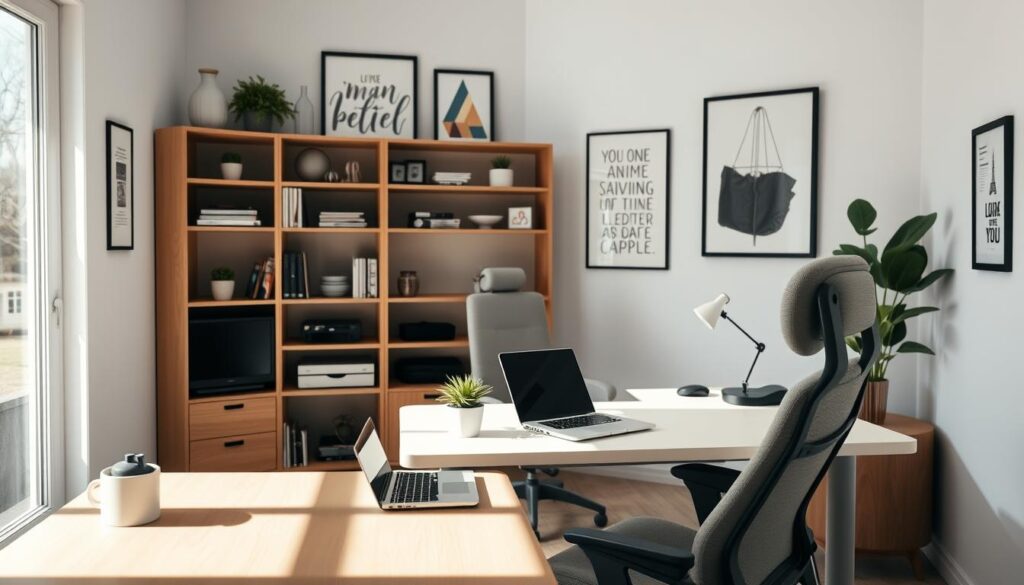 A cozy and modern home office setup in an awkward space, featuring a corner desk with built-in shelves optimized for storage. In the foreground, a sleek laptop and stylish desk organizer are neatly arranged on the desk, complemented by a small potted plant for a touch of greenery. The middle layer showcases a comfortable ergonomic chair in a soft fabric, inviting productivity. The background includes light-colored walls adorned with inspirational artwork and a large window letting in natural light, creating a bright atmosphere. The overall ambiance is calm and focused, with soft shadows cast by the sunlight. Shot with a wide-angle lens to capture the entire workspace, emphasizing its functional design and comfort without any human figures. Perfect for illustrating the concept of maximizing functionality in home office design.