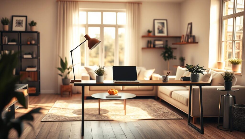 A cozy and modern living room showcasing a slim console workspace. In the foreground, a sleek, minimalist console desk with an elegant lamp and a laptop, accented by decorative plants. The middle ground features a comfortable sofa adorned with soft pillows, complemented by a stylish area rug. Natural light floods the room through large, inviting windows, casting warm and gentle shadows. The background displays contemporary wall decor, such as framed artwork and shelves with books and plants. The overall atmosphere is peaceful and productive, blending a homey feel with functional workspace elements, evoking a sense of harmony between work and relaxation. The scene is captured from a slightly elevated angle for depth.