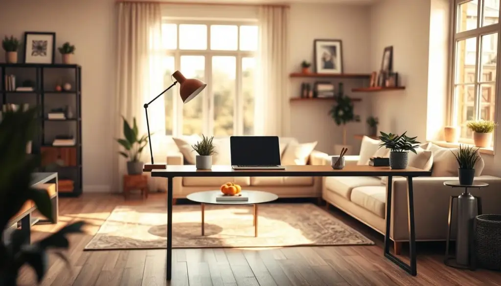 A cozy and modern living room showcasing a slim console workspace. In the foreground, a sleek, minimalist console desk with an elegant lamp and a laptop, accented by decorative plants. The middle ground features a comfortable sofa adorned with soft pillows, complemented by a stylish area rug. Natural light floods the room through large, inviting windows, casting warm and gentle shadows. The background displays contemporary wall decor, such as framed artwork and shelves with books and plants. The overall atmosphere is peaceful and productive, blending a homey feel with functional workspace elements, evoking a sense of harmony between work and relaxation. The scene is captured from a slightly elevated angle for depth. A cozy and modern living room showcasing a slim console workspace. In the foreground, a sleek, minimalist console desk with an elegant lamp and a laptop, accented by decorative plants. The middle ground features a comfortable sofa adorned with soft pillows, complemented by a stylish area rug. Natural light floods the room through large, inviting windows, casting warm and gentle shadows. The background displays contemporary wall decor, such as framed artwork and shelves with books and plants. The overall atmosphere is peaceful and productive, blending a homey feel with functional workspace elements, evoking a sense of harmony between work and relaxation. The scene is captured from a slightly elevated angle for depth.