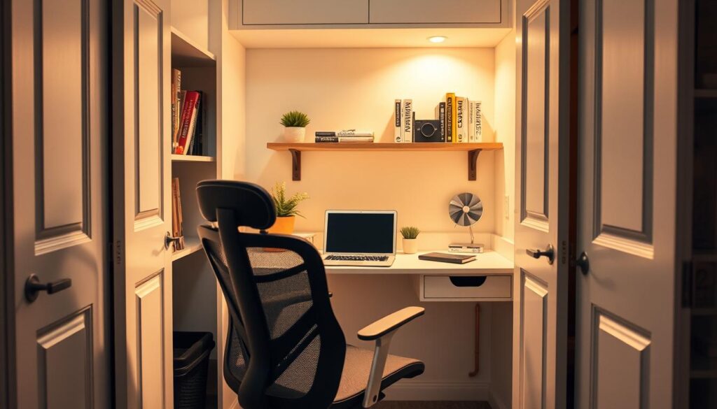 A cozy cloffice workspace designed within a stylish closet, featuring a petite desk with a modern laptop, neatly arranged office supplies, and a small potted plant for a touch of nature. The warm, soft lighting illuminates the space, highlighting the pastel-colored walls and a subtle wooden accent shelf with books and decorative items. In the foreground, a comfortable ergonomic chair creates an inviting atmosphere, while in the background, the closet doors are slightly ajar, revealing organized storage. The angle is a dynamic view from slightly above eye level, capturing the essence of a functional yet calming workspace. The overall mood is inspiring and peaceful, ideal for productivity in a compact setting.