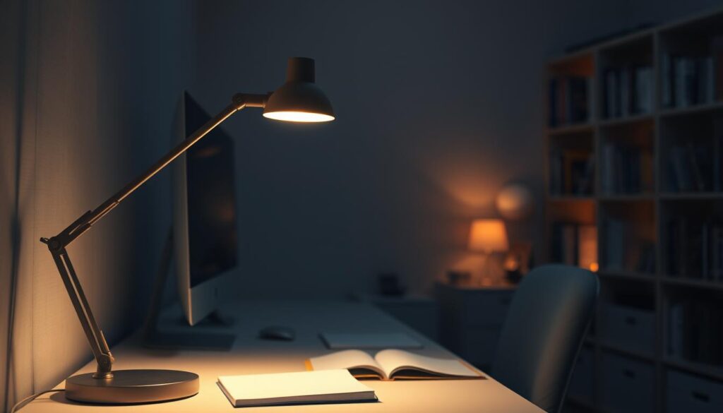 A cozy, dimly lit corner of a modern home office, showcasing a stylish desk with a sleek task lamp emitting warm, ambient light. The light softly illuminates a well-organized workspace, highlighting a notebook and a computer monitor, creating a focused atmosphere. In the foreground, the task lamp with an adjustable arm casts a gentle glow, showcasing its design. In the middle, the desk is adorned with minimalistic stationery, and a comfy chair invites productivity. The background features a softly blurred bookshelf filled with books, creating a sense of depth. The overall mood is serene and focused, perfect for enhancing concentration in darker spaces. The image captures the essence of effective task lighting for work without any human subjects or intrusive elements.
