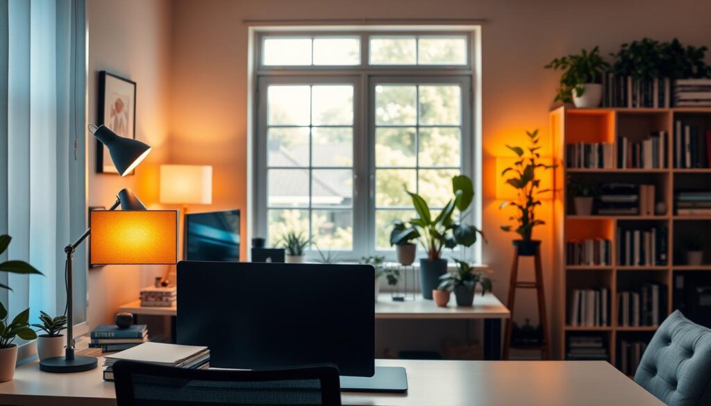 A cozy home office featuring a well-organized workspace illuminated by soft, ambient light cues. In the foreground, a stylish desk with a modern computer setup, a notepad, and a desk lamp that emits warm, inviting light, signaling focus time. In the middle ground, a large window allowing natural daylight to flood the space, paired with two elegant lamps on either side that change colors from blue to orange to indicate break times. In the background, a bookshelf filled with neatly arranged books and plants, creating an atmosphere of productivity and calm. The lighting should convey a harmonious blend of natural and artificial sources, with a focus on warm tones to enhance relaxation. The overall mood is motivating and serene, ideal for a work-from-home environment.