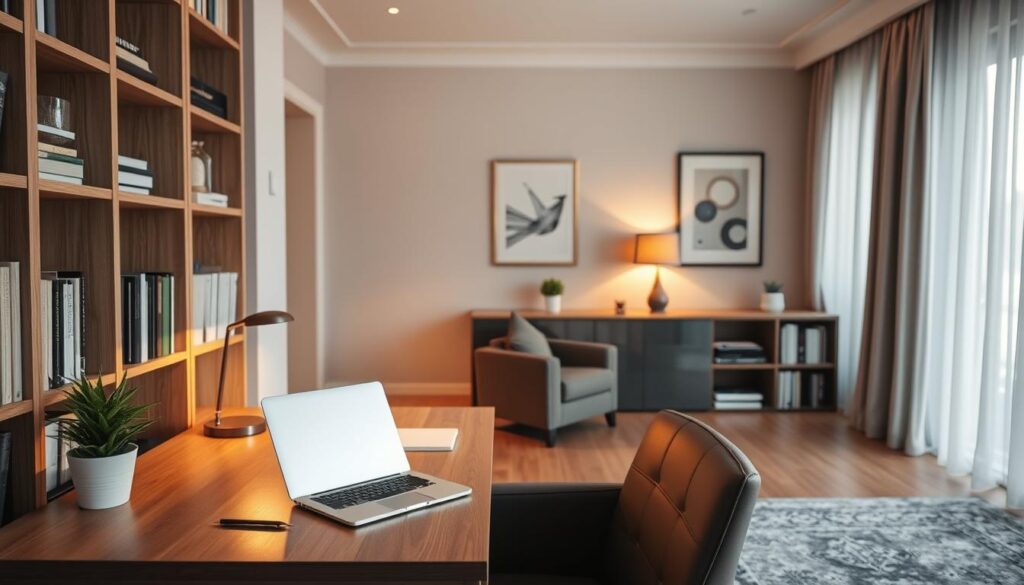 A cozy home office is cleverly hidden in a stylish living room, with a modern desk neatly tucked into a wooden bookshelf that blends with the decor. In the foreground, the desk features a sleek laptop, stationery, and a small potted plant, inviting a sense of productivity. The middle ground showcases a comfortable chair and warm, ambient lighting coming from a decorative lamp, casting a gentle glow. In the background, the room is adorned with tasteful artwork and a large window draped with sheer curtains, allowing soft, natural light to filter in. The overall mood is serene and inviting, suggesting a perfectly balanced transition from work to relaxation, with a focus on minimalism and warmth.
