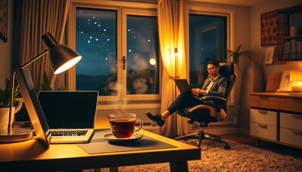 A cozy home office scene at night, illuminated by warm white light, creating an inviting atmosphere for focused work. In the foreground, a stylish desk with a sleek laptop, a soft glowing desk lamp, and a steaming cup of herbal tea. The middle ground features an ergonomic chair occupied by a professional individual in a smart-casual outfit, intently working. In the background, a large window shows a peaceful night sky with twinkling stars, while warm white light spills from the desk, casting gentle shadows. The room's soft textures—plush rugs and textured wall art—add warmth. This image evokes a sense of tranquility and productivity, highlighting the harmony between comfort and concentration that warm light provides.