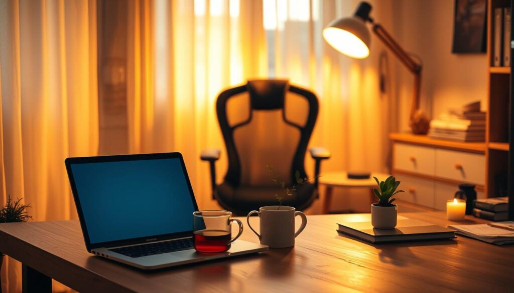 A cozy home office scene bathed in a soft, warm glow. In the foreground, a neatly arranged wooden desk featuring a sleek laptop, a steaming mug of herbal tea, and a small potted plant exuding a tranquil vibe. The middle ground reveals a comfortable ergonomic chair positioned slightly askew, inviting yet professional. In the background, soft curtains filter the golden light from a stylish table lamp, its shade diffusing a gentle luminescence throughout the room. Objects like a stack of books and a scented candle contribute to a focused, calming atmosphere. The angle captures the warmth and serenity of late-night work, with a focus on the inviting glow that encourages productivity without disruption to relaxation. The mood is serene and conducive to concentration, emphasizing the balance of work and winding down.