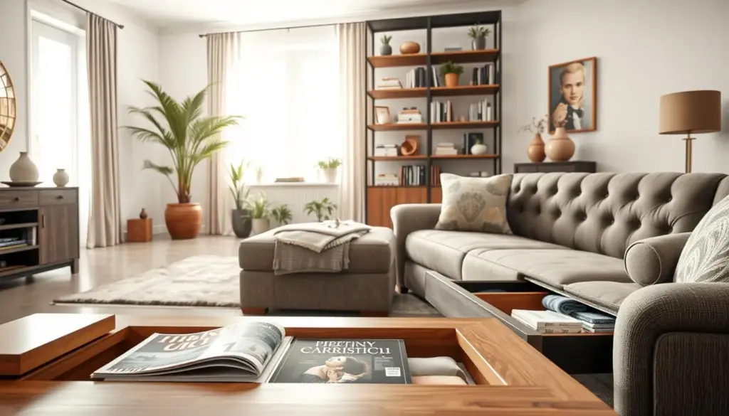 A cozy living room with cleverly integrated hidden storage solutions. In the foreground, a stylish, modern coffee table with slide-out compartments revealing magazines and blankets. Beside it, a tufted sofa features hidden drawers in the seat cushions, subtly ensuring a clutter-free environment. In the middle, an elegant bookshelf showcases decorative boxes that double as storage, holding books and small items out of sight. The background captures a well-lit space with soft, natural sunlight streaming through a large window, casting a warm glow. The room is decorated with potted plants and artful accents that enhance the inviting atmosphere. The overall mood conveys organization, creativity, and modern comfort, utilizing space efficiently without the need for extensive remodeling.