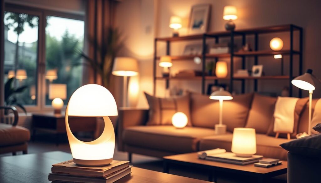A cozy modern living room bathed in soft, warm lighting from an assortment of stylish cordless lamps. In the foreground, a sleek, minimalist lamp with a curved design and a matte finish illuminates a coffee table stacked with books. In the middle, various cordless lamps of varying heights and designs, featuring innovative rechargeable technology, are showcased on shelves and standing against the wall, creating an inviting atmosphere. The background features a softly blurred view of a window with greenery outside, enhancing the sense of tranquility and modern living. The overall mood is warm and inviting, emphasizing the freedom and elegance of cordless lighting. The scene is photographed with a shallow depth of field, highlighting the lamps while softly blurring the background for added focus.