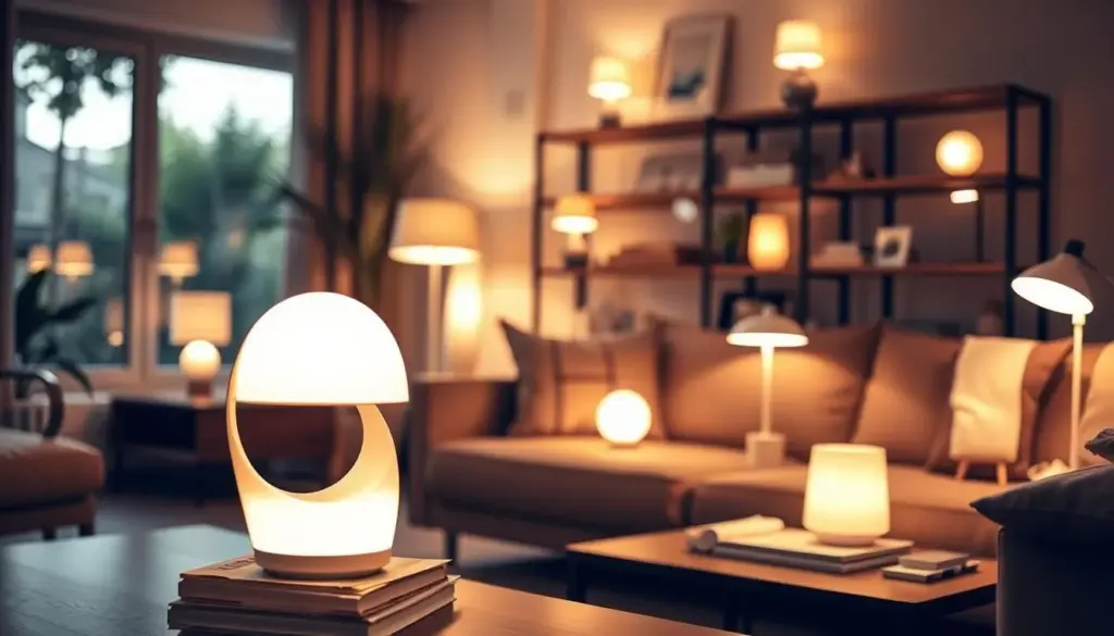 A cozy modern living room bathed in soft, warm lighting from an assortment of stylish cordless lamps. In the foreground, a sleek, minimalist lamp with a curved design and a matte finish illuminates a coffee table stacked with books. In the middle, various cordless lamps of varying heights and designs, featuring innovative rechargeable technology, are showcased on shelves and standing against the wall, creating an inviting atmosphere. The background features a softly blurred view of a window with greenery outside, enhancing the sense of tranquility and modern living. The overall mood is warm and inviting, emphasizing the freedom and elegance of cordless lighting. The scene is photographed with a shallow depth of field, highlighting the lamps while softly blurring the background for added focus. A cozy modern living room bathed in soft, warm lighting from an assortment of stylish cordless lamps. In the foreground, a sleek, minimalist lamp with a curved design and a matte finish illuminates a coffee table stacked with books. In the middle, various cordless lamps of varying heights and designs, featuring innovative rechargeable technology, are showcased on shelves and standing against the wall, creating an inviting atmosphere. The background features a softly blurred view of a window with greenery outside, enhancing the sense of tranquility and modern living. The overall mood is warm and inviting, emphasizing the freedom and elegance of cordless lighting. The scene is photographed with a shallow depth of field, highlighting the lamps while softly blurring the background for added focus.