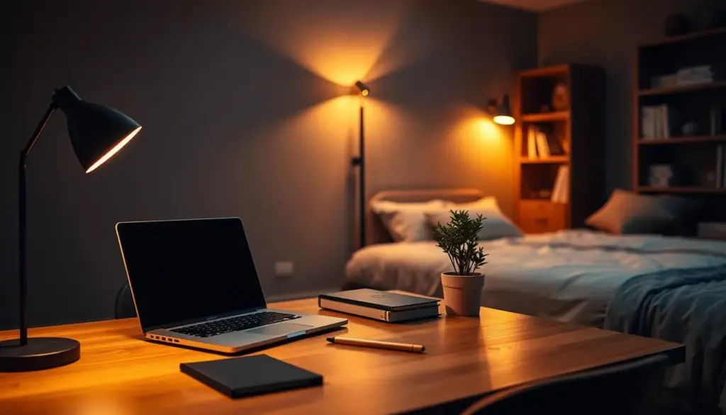 A cozy shared room featuring a dedicated workspace illuminated by elegant accent lighting. In the foreground, a sleek wooden desk is adorned with a laptop, neatly arranged stationery, and a small potted plant, all bathed in soft, warm light. The middle layer showcases a stylish floor lamp with a unique design casting gentle shadows and highlights, emphasizing the workspace boundaries. In the background, a comfortable bed and a bookshelf are subtly illuminated, creating a sense of separation yet harmony in the room. The atmosphere is inviting and focused, with a rich color palette of deep blues and warm golds, suggesting productivity and comfort. The composition is shot from a slightly elevated angle to capture both the workspace and the ambient lighting effects, creating an ideal environment for concentration.