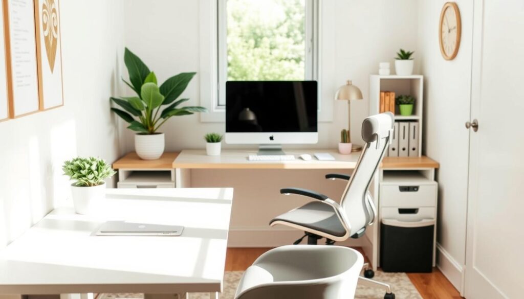 A cozy, very small home office featuring a stylish desk that optimally fits the space. In the foreground, a sleek desk with dimensions suited for compact areas, surrounded by neatly organized office supplies and a small potted plant for a touch of greenery. In the middle, an ergonomic office chair complements the desk, while a computer monitor sits on the desk, showcasing a work-related application. The background reveals a well-lit window letting in soft, natural light, enhancing the warmth of the room. The colors are a harmonious blend of soft whites, light grays, and calming pastels, creating a serene atmosphere ideal for productivity. The image should be captured from a slightly elevated angle, emphasizing the desk arrangement without any text, signs, or distractions. A cozy, very small home office featuring a stylish desk that optimally fits the space. In the foreground, a sleek desk with dimensions suited for compact areas, surrounded by neatly organized office supplies and a small potted plant for a touch of greenery. In the middle, an ergonomic office chair complements the desk, while a computer monitor sits on the desk, showcasing a work-related application. The background reveals a well-lit window letting in soft, natural light, enhancing the warmth of the room. The colors are a harmonious blend of soft whites, light grays, and calming pastels, creating a serene atmosphere ideal for productivity. The image should be captured from a slightly elevated angle, emphasizing the desk arrangement without any text, signs, or distractions.
