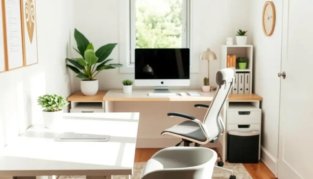 A cozy, very small home office featuring a stylish desk that optimally fits the space. In the foreground, a sleek desk with dimensions suited for compact areas, surrounded by neatly organized office supplies and a small potted plant for a touch of greenery. In the middle, an ergonomic office chair complements the desk, while a computer monitor sits on the desk, showcasing a work-related application. The background reveals a well-lit window letting in soft, natural light, enhancing the warmth of the room. The colors are a harmonious blend of soft whites, light grays, and calming pastels, creating a serene atmosphere ideal for productivity. The image should be captured from a slightly elevated angle, emphasizing the desk arrangement without any text, signs, or distractions.