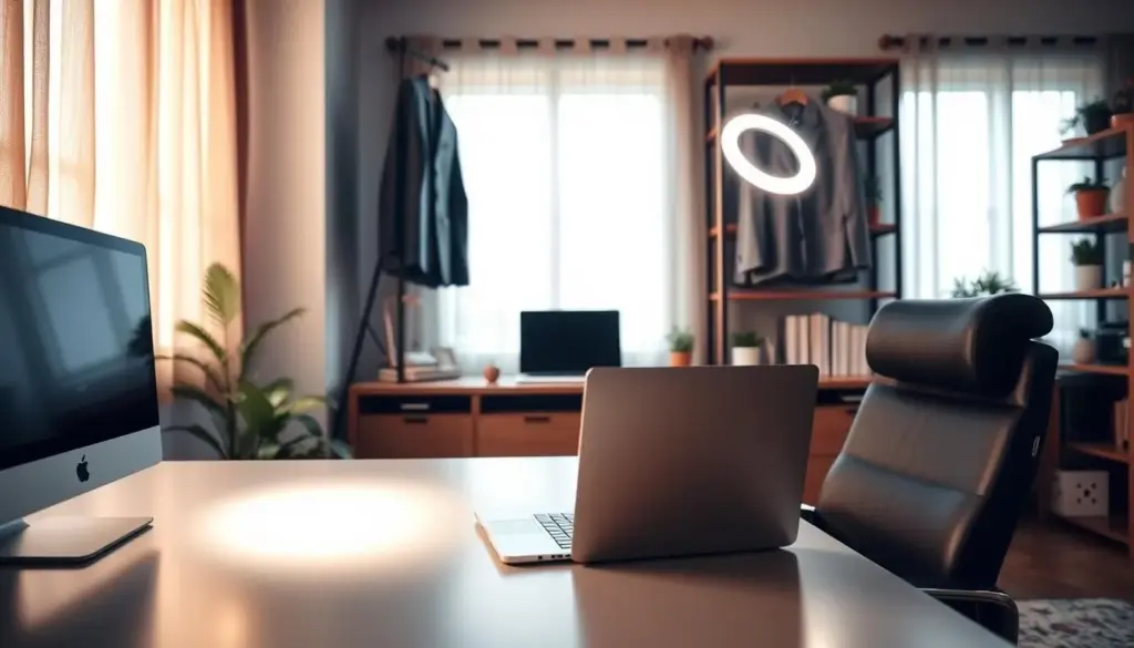 A cozy, well-lit home office setup designed for video calls, featuring a sleek desk with a laptop, professional business attire hanging in the background, and a comfortable chair. In the foreground, a soft ring light illuminates the desk area, casting even lighting across the workspace. On the left, a window with sheer curtains allows natural daylight to filter in, adding warmth and a soft glow. In the background, shelves lined with books and decorative plants provide a professional yet inviting atmosphere. The overall scene is balanced, showcasing a tidy environment, with a focus on creating consistent lighting for video meetings, capturing a mood of readiness and professionalism. The perspective is from slightly above, giving a clear view of both the desk and the background elements.