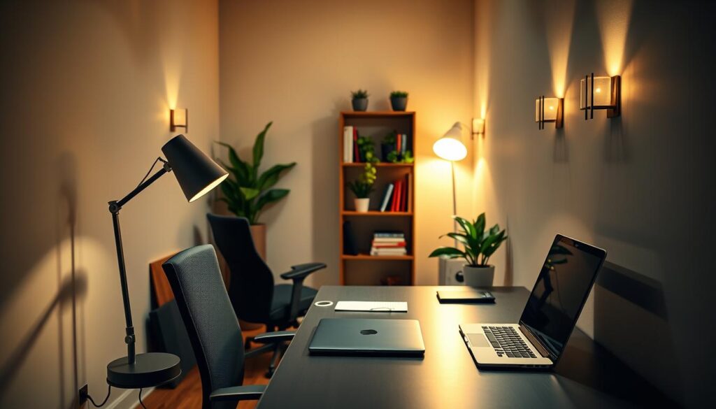 A cozy, well-lit small alcove office space, designed for productivity and comfort. In the foreground, a sleek, modern desk is illuminated by a stylish desk lamp with warm-toned light, casting gentle shadows. On the desk, a laptop and a notepad sit ready for use. The middle ground features a comfortable ergonomic chair and a small bookshelf filled with books and green plants for a touch of nature. The background reveals soft ambient lighting from wall sconces, showcasing neutral-colored walls with a calming atmosphere. The entire scene is captured from a slight angle to highlight the depth and functionality of the space, evoking a sense of serenity and focus conducive to work. The lighting is warm and inviting, creating a perfect ambiance for a small home office.