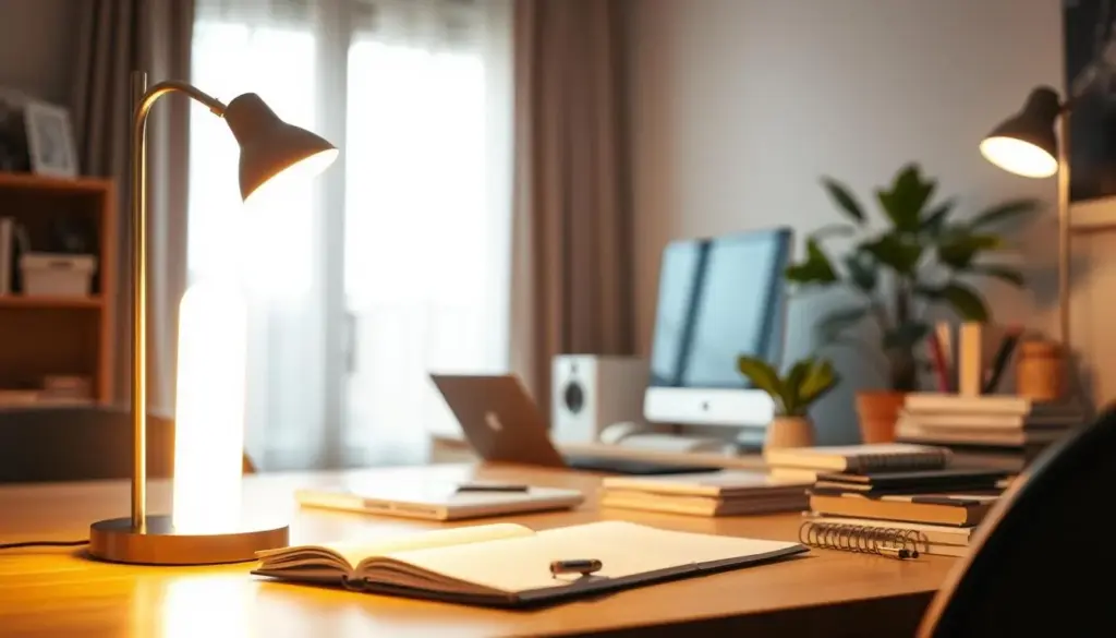 A cozy workspace illuminated by warm, soft lighting, focusing on a stylish desk with a sleek lamp positioned to the left. In the foreground, the lamp casts gentle, diffused light creating a pleasant atmosphere, highlighting the surface of the desk scattered with books and a notebook. The middle of the scene features a well-organized workspace with a computer and stationery, while a serene potted plant adds a touch of greenery. The background shows a softly blurred window revealing faint daylight, suggesting a tranquil outdoor setting. The overall mood is conducive to concentration and creativity, emphasizing the importance of proper lamp placement to enhance focus and minimize eye strain. The angle of view captures the workspace from the side, showcasing the interplay between light and shadows effectively.