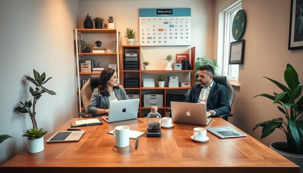 A cozy yet functional home office space designed for two users co-working in a small room. In the foreground, a stylish wooden desk holds laptops, notepads, and coffee cups, emphasizing a collaborative atmosphere. Two individuals, dressed in smart casual attire, are seated on comfortable ergonomic chairs, deeply engaged in discussion. In the middle background, a bookshelf filled with organizational tools, plants, and storage solutions highlights the importance of logistics in a home workspace. Soft, warm lighting creates a welcoming mood, with natural light filtering in through a window. The wall is painted in soothing colors, and a large digital calendar hangs, symbolizing planning and scheduling. The overall composition evokes a sense of teamwork, productivity, and thoughtful organization in a modern work-from-home environment.