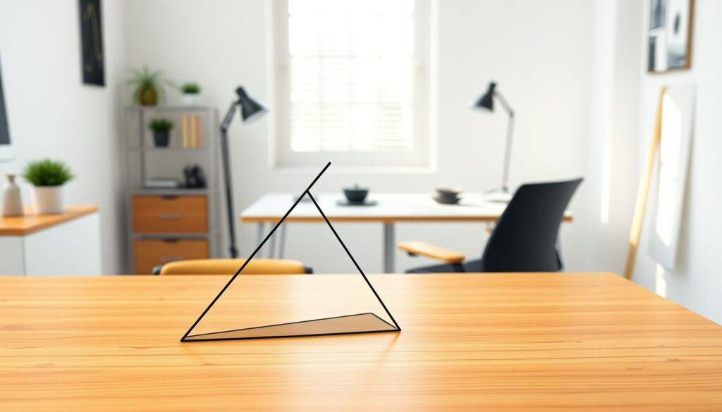 A detailed rendering of a right triangle prominently displayed in the foreground, showcasing its geometric precision and sharp angles. The triangle, drawn in a sleek, minimalist style, contrasts subtly against a smooth wooden desk surface, indicating a desk leg design. Surrounding the triangle, soft shadows emphasize its three corners where angles intersect. In the middle ground, minimalist office elements like a small plant and a measuring tape highlight spatial considerations, while a soft diffused natural light radiates from a nearby window, creating a calm, professional atmosphere. In the background, out-of-focus furniture gives a sense of scale and context to the small room, evoking a sense of balance and efficiency in design. The overall mood is serene and focused, ideal for illustrating geometric concepts in space.