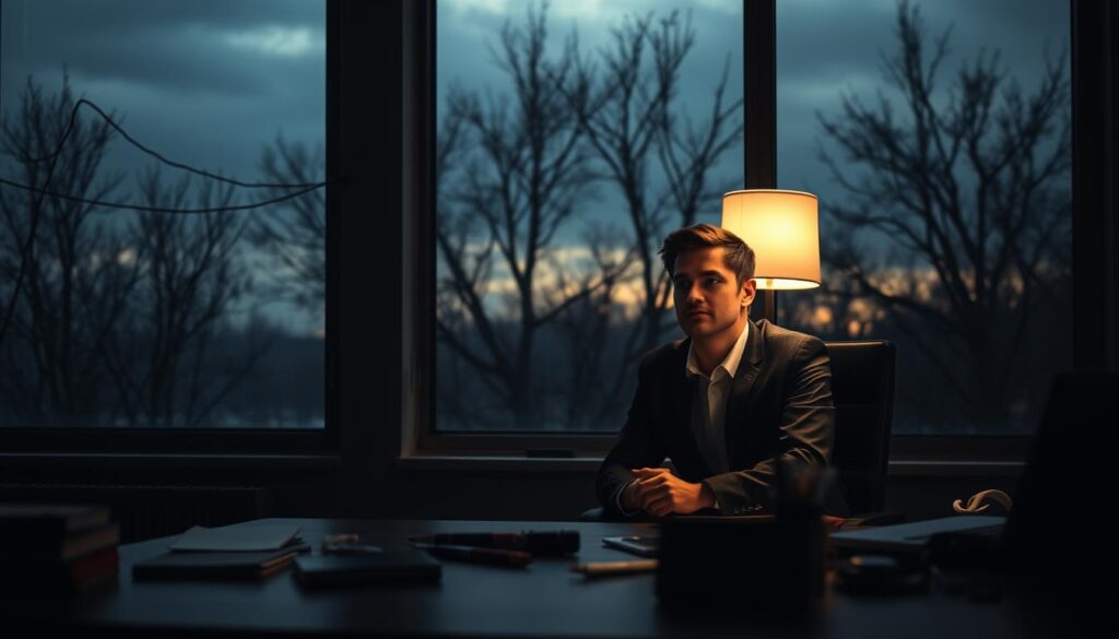 A dimly lit office space during the winter months, featuring a large window with grey skies outside, highlighting the starkness of seasonal affective disorder. In the foreground, a person sitting at a desk dressed in smart casual attire, illuminated by a warm, specialized office light that contrasts the cool, gloomy atmosphere. Their expression is contemplative, showing the emotional weight of the dark season. In the middle ground, various office supplies are scattered, hinting at the struggle to maintain productivity. The background features shadowy outlines of bare trees against the fading daylight, suggesting isolation and the impact of dark months on energy levels. The overall mood is somber yet hopeful, emphasizing the importance of light in combating seasonal depression. The lighting is soft but focused, drawing attention to the person while maintaining a sense of tranquility in the surroundings.