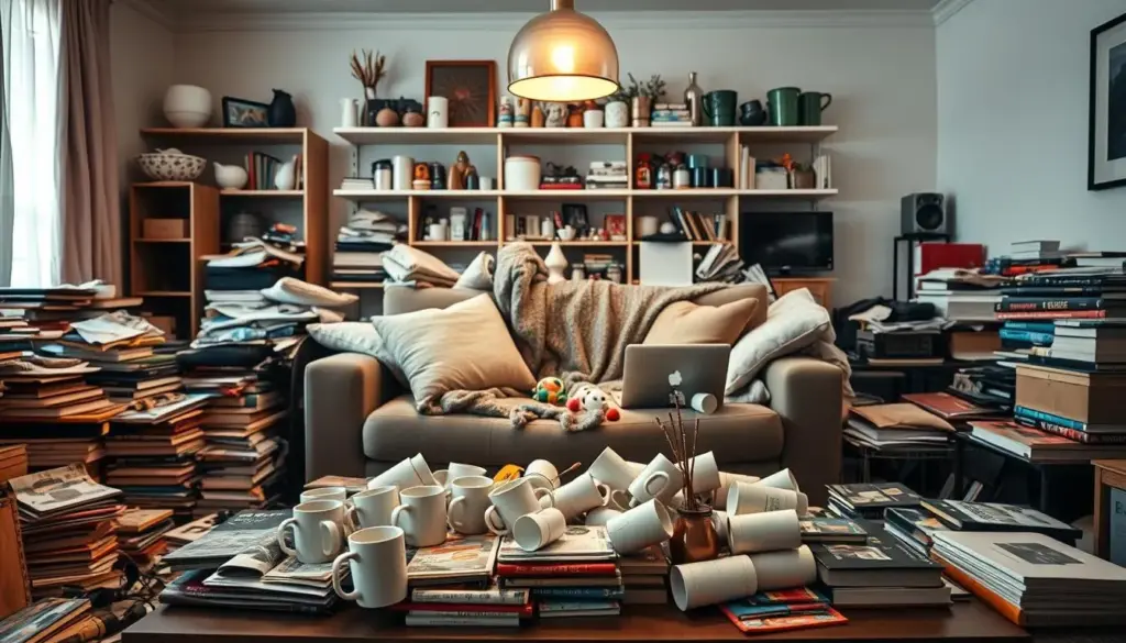 A disorganized living room filled with various household items, showcasing a chaotic clutter scene. In the foreground, a cluttered coffee table piled with books, magazines, and an assortment of empty coffee mugs. In the middle, a sofa obscured by throw pillows and a blanket, accompanied by scattered toys and a laptop. The background reveals a shelf overflowing with decorative items and mismatched containers, with a flickering overhead light casting soft, warm shadows over the mess. The atmosphere feels overwhelming yet relatable, emphasizing the struggle of juggling everyday items. The room is styled with modern décor but lacks organization, creating a visual metaphor for the tension between aesthetics and functional living space.