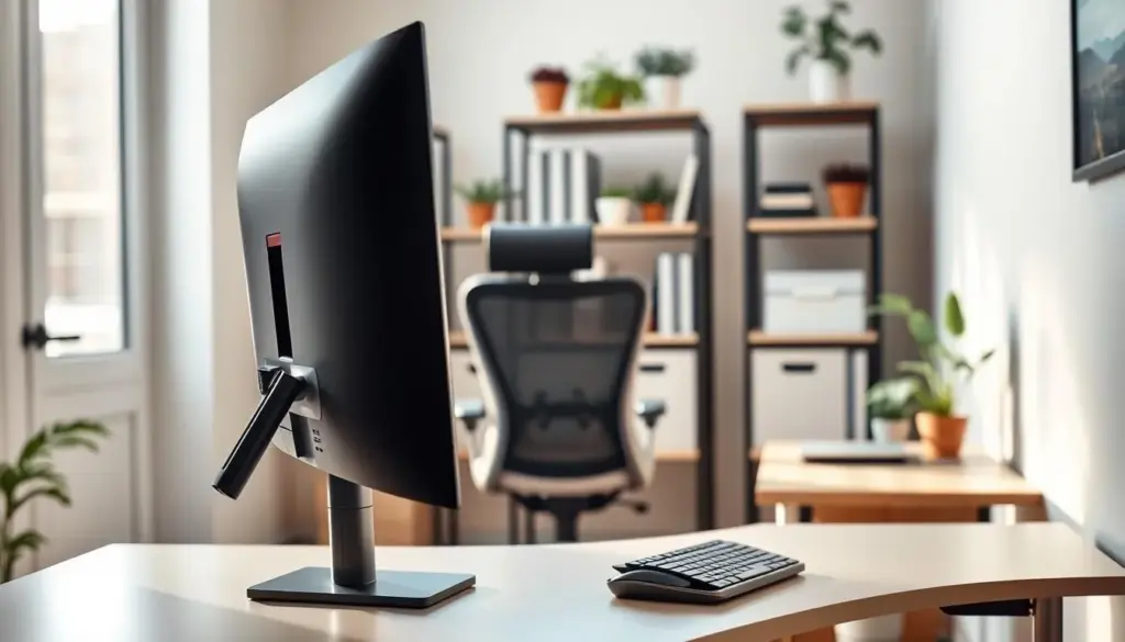 A modern adjustable height monitor setup in a small home office. In the foreground, prominently display a sleek, contemporary monitor on a height-adjustable desk, situated at an ergonomic eye level, with a keyboard and mouse neatly arranged. The middle ground features a stylish ergonomic chair, positioned in a way that suggests comfort and usability. In the background, softly blurred, a well-organized shelf holds office supplies and plants, indicating a productive workspace. Natural light streams through a window, creating a warm, inviting atmosphere. The image should reflect a sense of professionalism and functionality, emphasizing the importance of ergonomics in multi-user environments. The perspective is slightly elevated, showcasing the harmony between the desk, chair, and monitor.