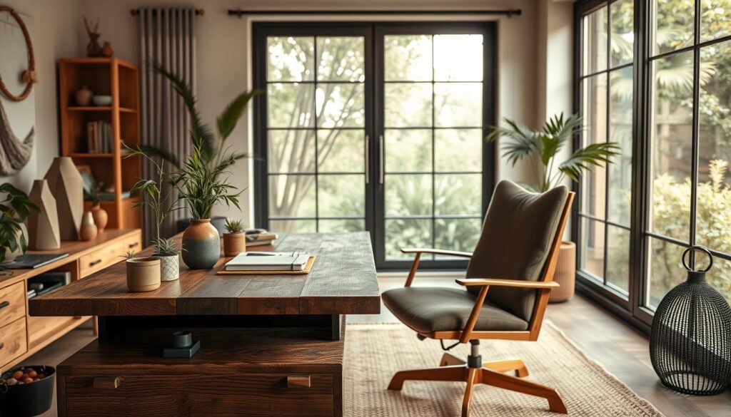 A modern and stylish home office setting featuring a diverse array of sustainable materials. In the foreground, a sleek desk made of reclaimed wood, decorated with bamboo plant accents and a recycled paper notebook. The middle ground includes a comfortable chair upholstered in organic cotton, complemented by decorative items crafted from upcycled metal and glass. In the background, large windows let in natural light, highlighting a peaceful view of greenery outside. Soft, warm lighting creates an inviting atmosphere, while the color palette consists of earthy tones, promoting tranquility and eco-friendliness. The scene is arranged with a focus on functionality and aesthetic balance, evoking a sense of responsibility and harmony with the environment.